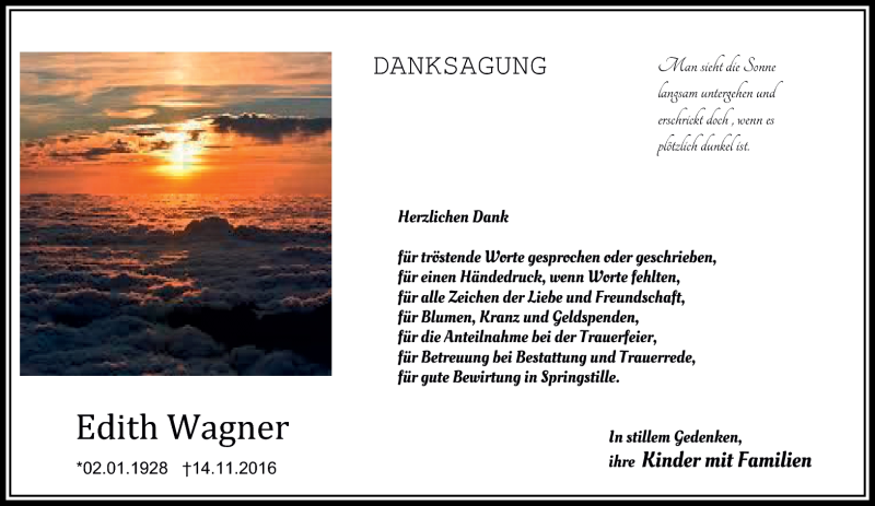  Traueranzeige für Edith Wagner vom 23.12.2016 aus Südthüringer Presse