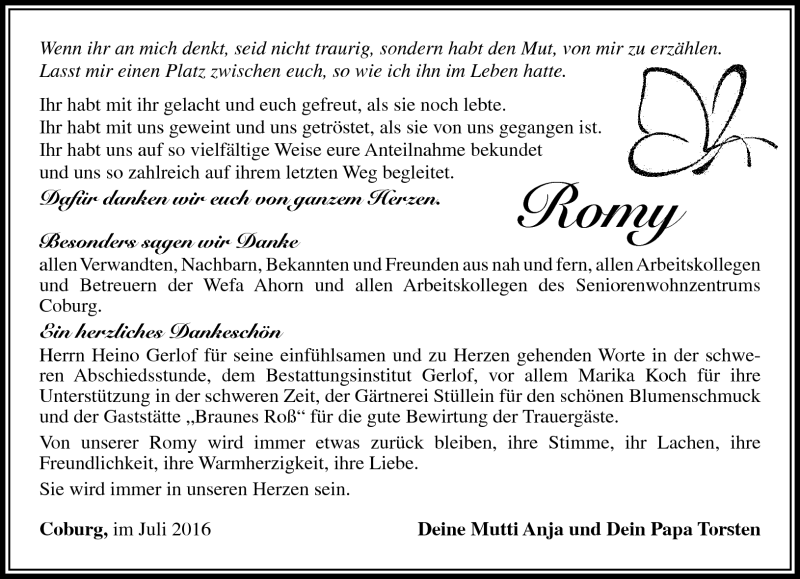  Traueranzeige für Romy Luther vom 16.07.2016 aus Südthüringer Presse