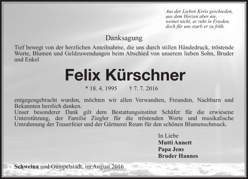  Traueranzeige für Felix Kürschner vom 04.08.2016 aus Südthüringer Presse