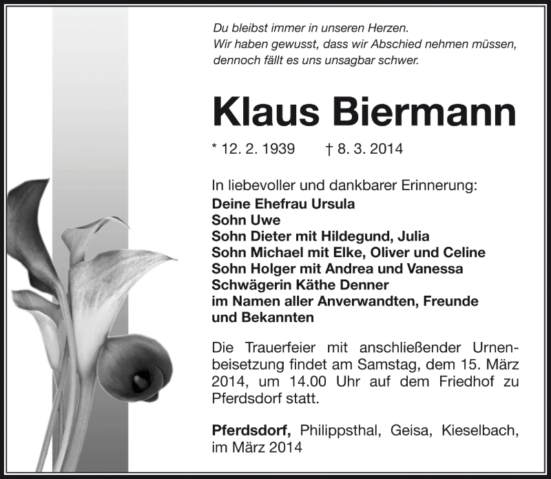  Traueranzeige für Klaus Biermann vom 13.03.2014 aus Südthüringer Presse
