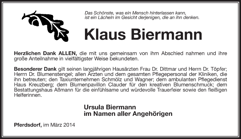  Traueranzeige für Klaus Biermann vom 29.03.2014 aus Südthüringer Presse