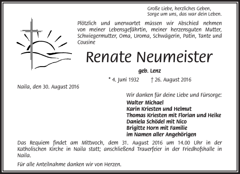  Traueranzeige für Renate Neumeister vom 30.08.2016 aus Frankenpost