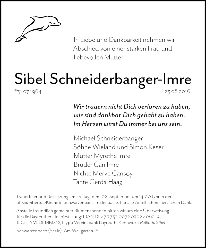  Traueranzeige für Sibel Schneiderbanger-Imre vom 27.08.2016 aus Frankenpost