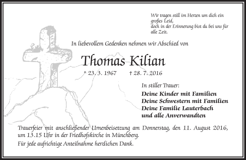  Traueranzeige für Thomas Kilian vom 09.08.2016 aus Frankenpost