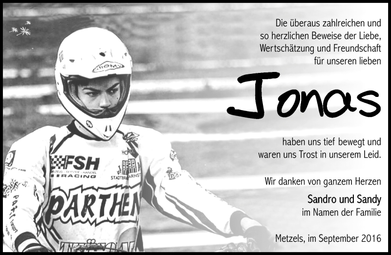  Traueranzeige für Jonas Thronicke vom 10.09.2016 aus Südthüringer Presse