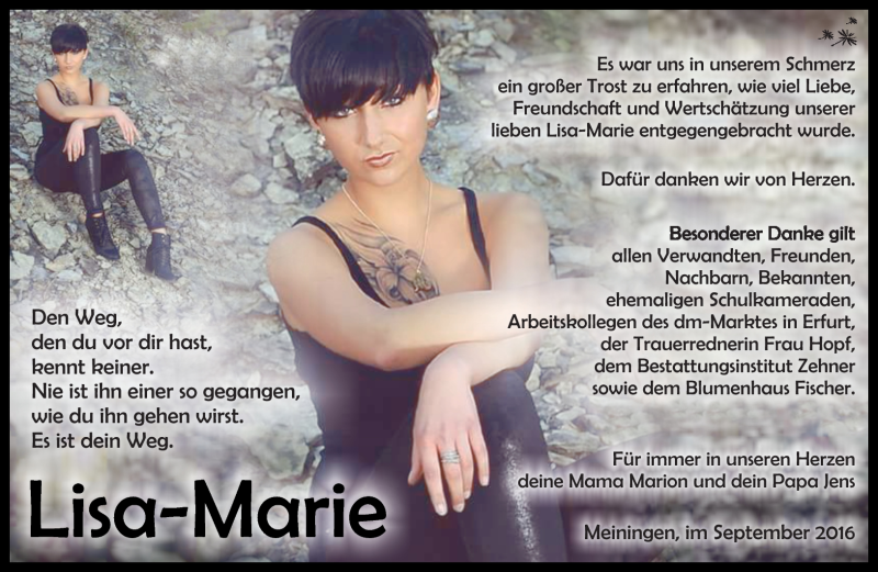  Traueranzeige für Lisa-Marie Marr vom 24.09.2016 aus Südthüringer Presse