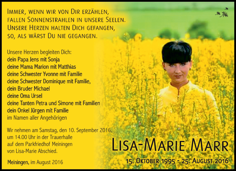  Traueranzeige für Lisa-Marie Marr vom 03.09.2016 aus Südthüringer Presse