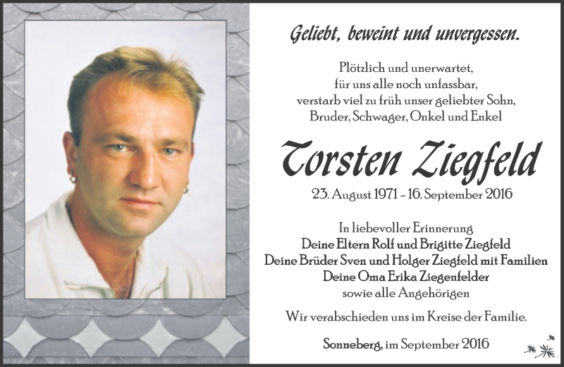  Traueranzeige für Torsten Ziegfeld vom 24.09.2016 aus Südthüringer Presse