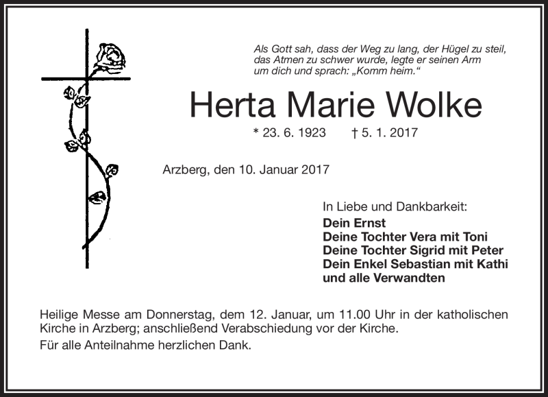  Traueranzeige für Herta Marie Wolke vom 10.01.2017 aus Frankenpost