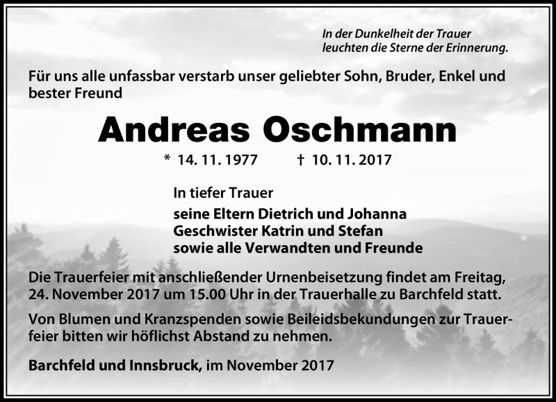  Traueranzeige für Andreas Oschmann vom 18.11.2017 aus Südthüringer Presse