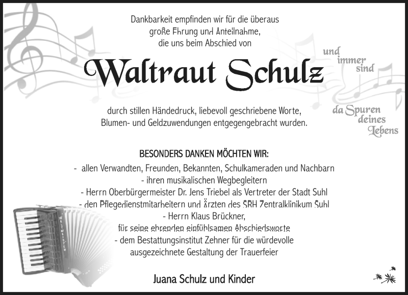  Traueranzeige für Waltraud Schulz vom 25.11.2017 aus Südthüringer Presse