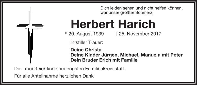  Traueranzeige für Herbert Herich vom 30.11.2017 aus Frankenpost