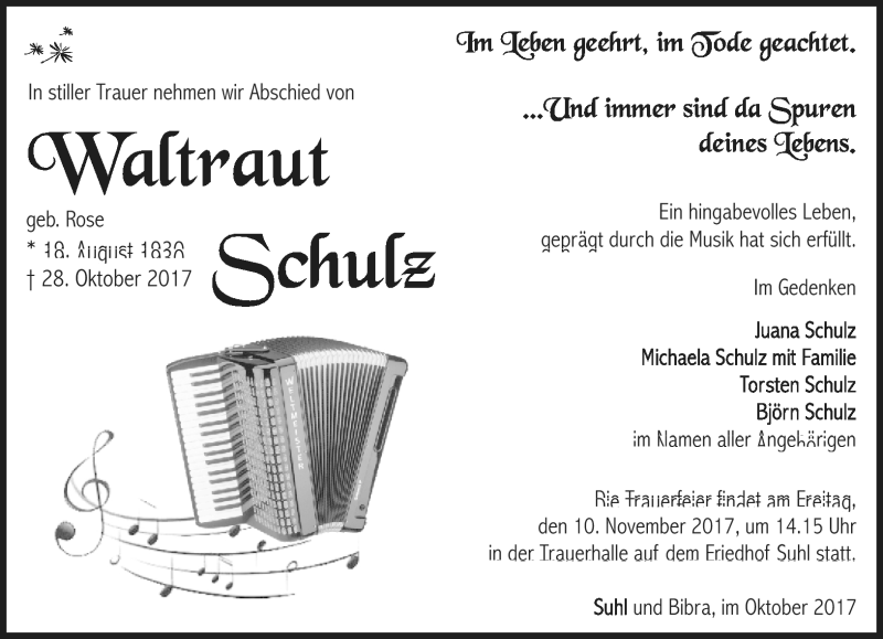  Traueranzeige für Waltraud Schulz vom 04.11.2017 aus Südthüringer Presse