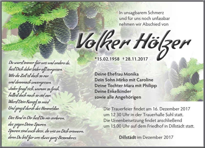  Traueranzeige für Volker Hölzer vom 09.12.2017 aus Südthüringer Presse