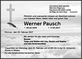 Traueranzeige von Werner Pausch von Frankenpost