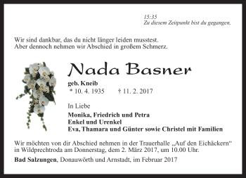 Traueranzeige von Nada Basner von Südthüringer Presse