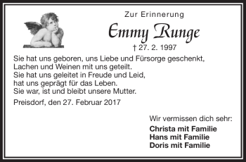 Traueranzeige von Emmy Runge von Frankenpost