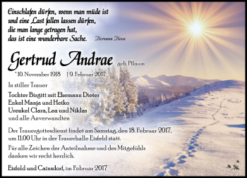 Traueranzeige von Gertrud Andrae von Südthüringer Presse