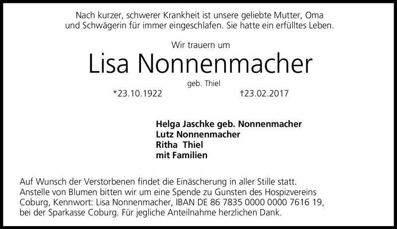  Traueranzeige für Lisa Nonnenmacher vom 27.02.2017 aus Neue Presse Coburg