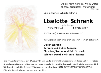 Traueranzeige von Lieselotte Schrenk von Frankenpost