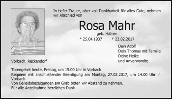 Traueranzeige von Rosa Mahr von Neue Presse Coburg