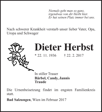 Traueranzeige von Dieter Herbst von Südthüringer Presse