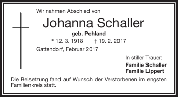 Traueranzeige von Johanna Schaller von Frankenpost