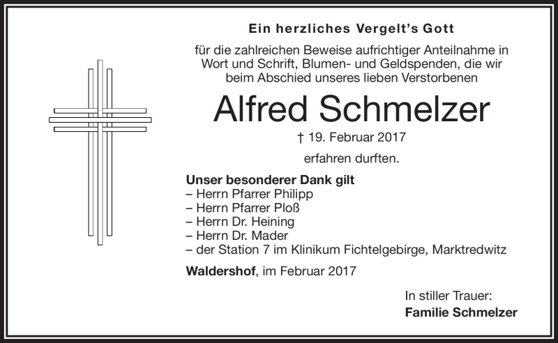  Traueranzeige für Alfredq Schmelzer vom 28.02.2017 aus Frankenpost