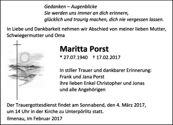 Traueranzeige von Maritta Porst von Südthüringer Presse