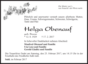 Traueranzeige von Helga Obenauf von Südthüringer Presse