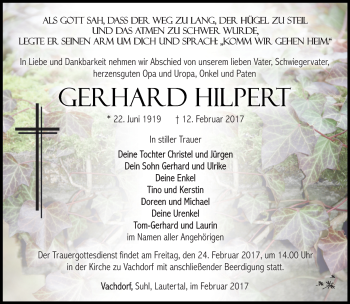Traueranzeige von Gerhard Hilpert von Südthüringer Presse