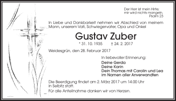 Traueranzeige von Gustav Zuber von Frankenpost