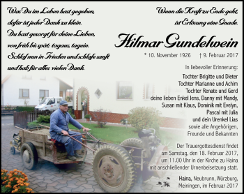 Traueranzeige von Hilmar Gundelwein von Südthüringer Presse