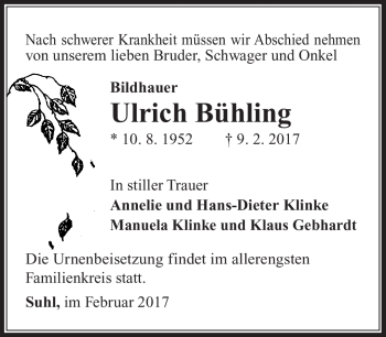 Traueranzeige von Ulrich Bühling von Südthüringer Presse