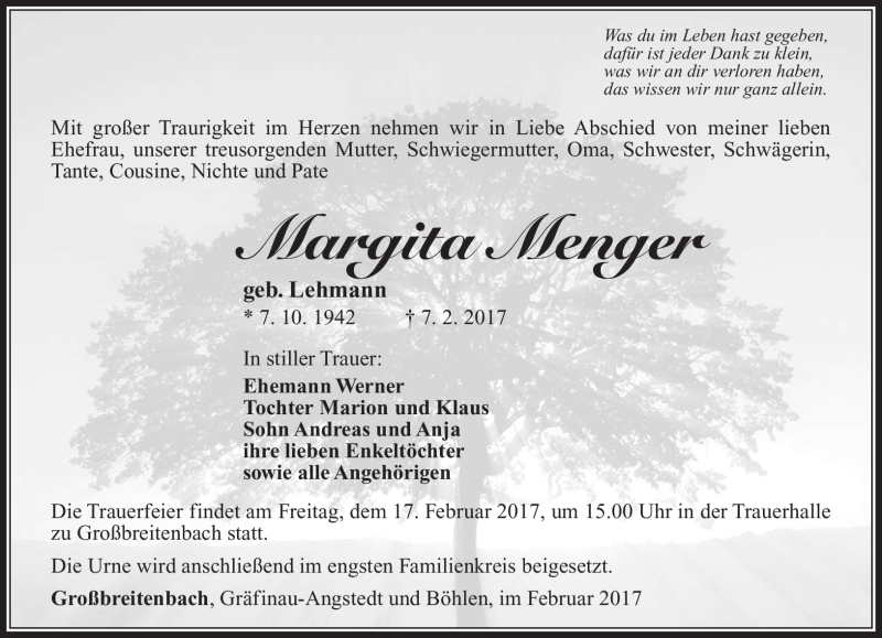  Traueranzeige für Margita Menger vom 11.02.2017 aus Südthüringer Presse