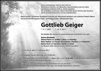 Traueranzeige von Gottlieb Geiger von Neue Presse Coburg
