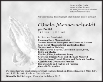 Traueranzeige von Gisela Messerschmidt von Südthüringer Presse