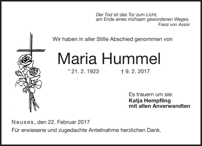  Traueranzeige für Maria Hummel vom 22.02.2017 aus Neue Presse Coburg