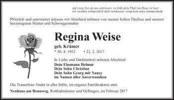 Traueranzeige von Regina Weise von Südthüringer Presse