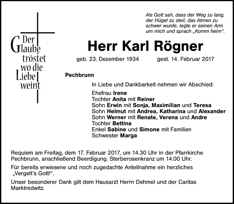  Traueranzeige für Karl Rögner vom 16.02.2017 aus Frankenpost