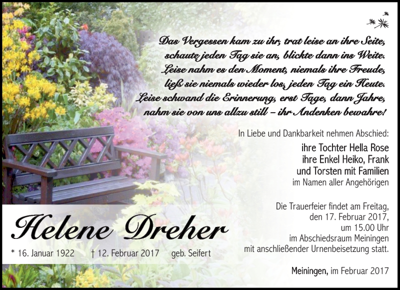  Traueranzeige für Helene Dreher vom 15.02.2017 aus Südthüringer Presse