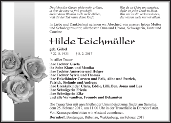 Traueranzeige von Hilde Teichmüller von Südthüringer Presse
