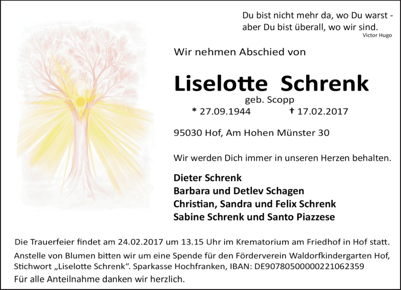 Traueranzeige für Lieselotte Schrenk vom 22.02.2017 aus Frankenpost
