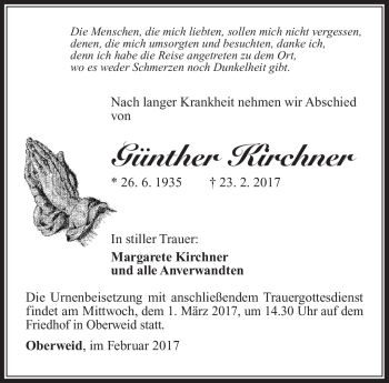 Traueranzeige von Günther Kirchner von Südthüringer Presse