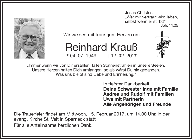  Traueranzeige für Reinhard Krauß vom 14.02.2017 aus Frankenpost