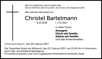 Traueranzeige von Christel Bartelmann von Neue Presse Coburg