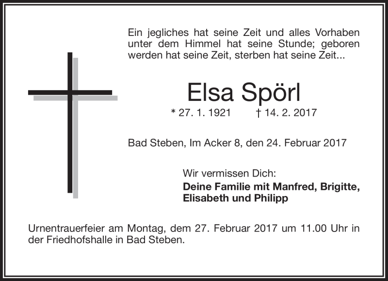  Traueranzeige für Elsa Spörl vom 24.02.2017 aus Frankenpost