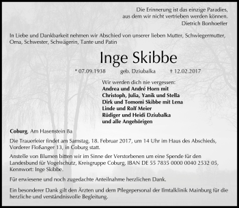 Traueranzeige von Inge Skibbe von Neue Presse Coburg