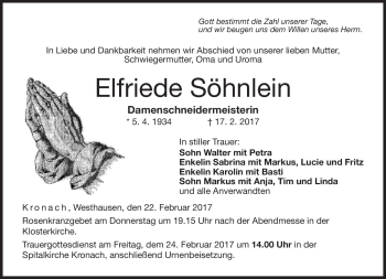 Traueranzeige von Elfriede Söhnlein von Neue Presse Coburg