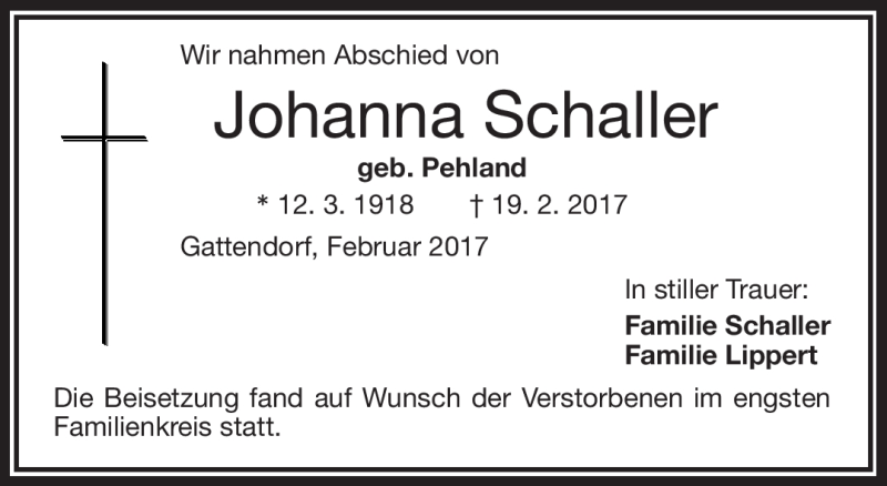  Traueranzeige für Johanna Schaller vom 27.02.2017 aus Frankenpost